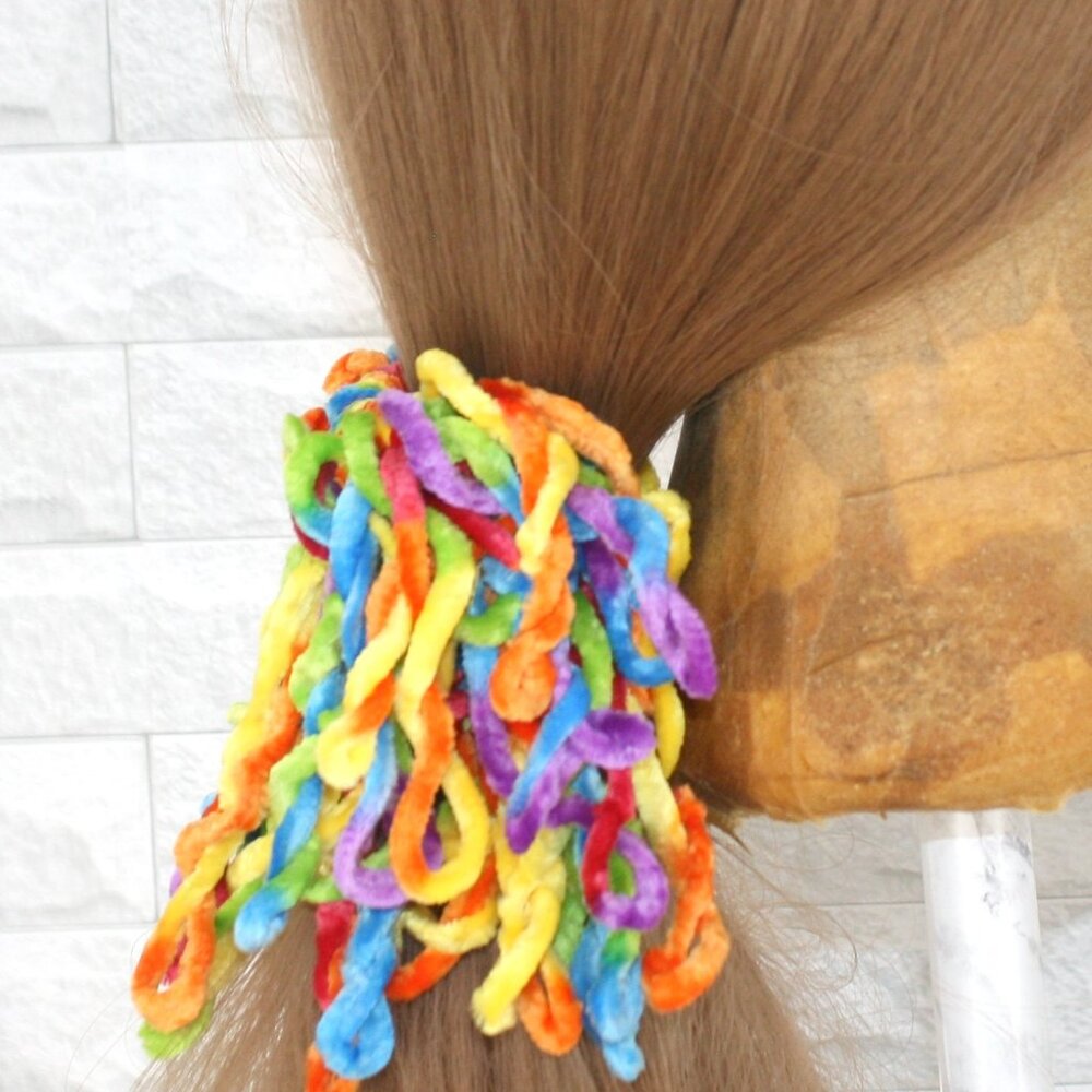 HAND CRAFTED Hair Scrunchie Crochet Chenille Velvet Oversized Fringe Rainbow